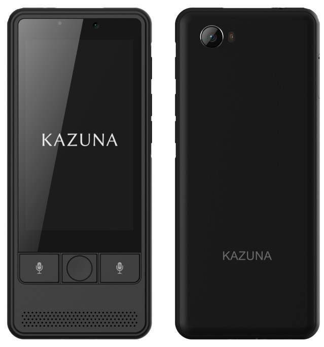 2018年に発売した翻訳機 KAZUNA eTalk5の前面と背面